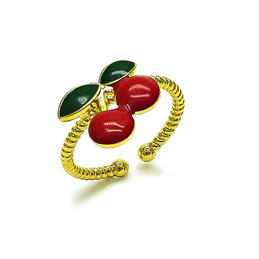 Oro Laminado Elegant Ring, Gold Filled Style Cherry Design, Red Enamel Finish, Golden Finish