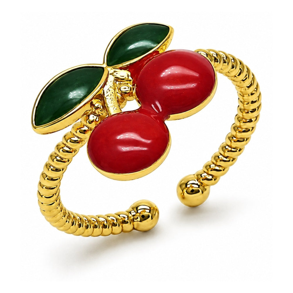 Oro Laminado Elegant Ring, Gold Filled Style Cherry Design, Red Enamel Finish, Golden Finish