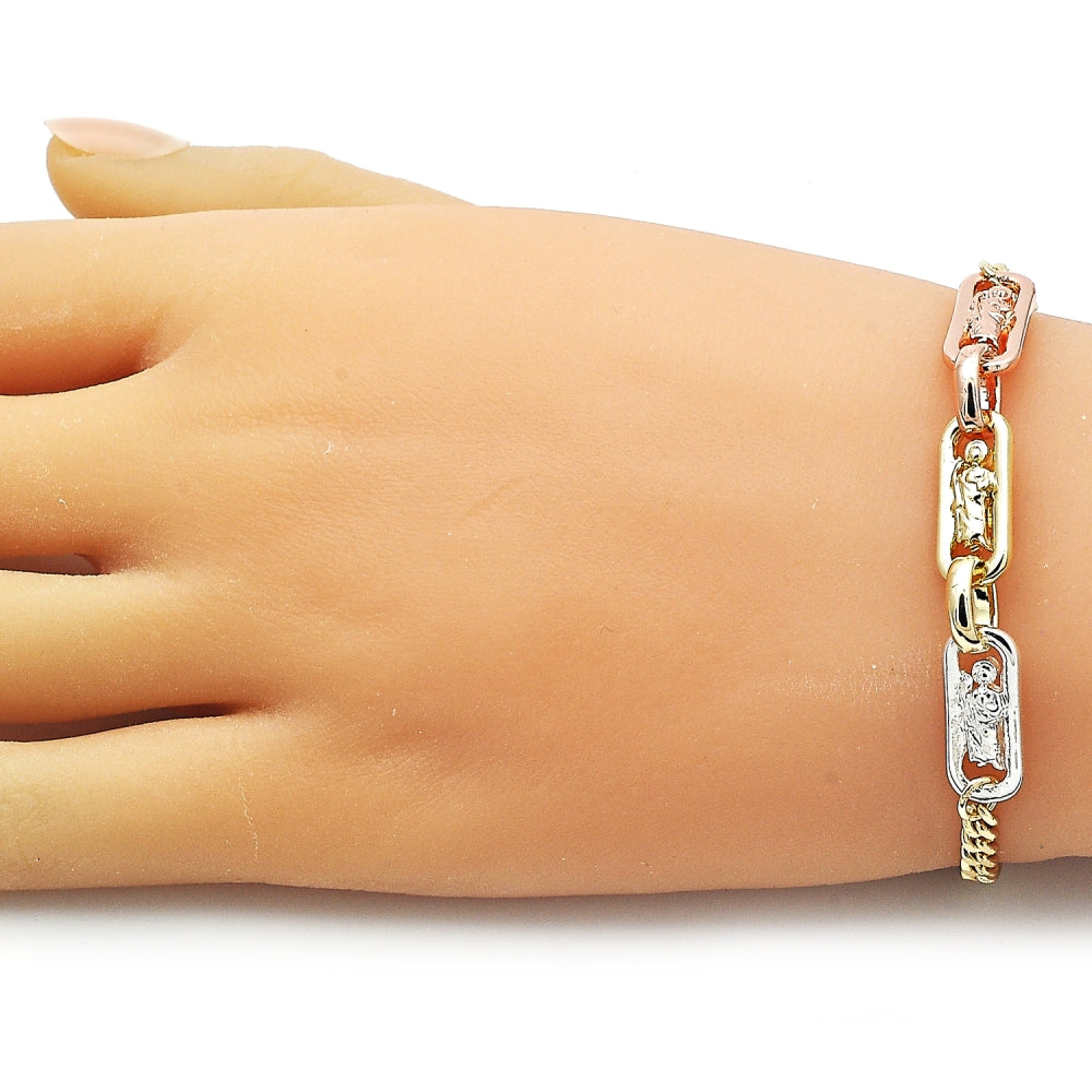 Oro Laminado Fancy Bracelet, Gold Filled Style San Judas and Miami Cuban Design, Polished, Tricolor