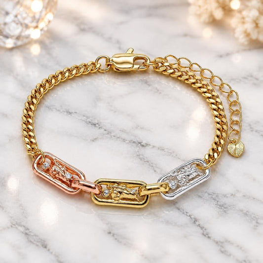 Oro Laminado Fancy Bracelet, Gold Filled Style San Judas and Miami Cuban Design, Polished, Tricolor