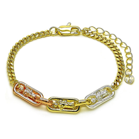 Oro Laminado Fancy Bracelet, Gold Filled Style San Judas and Miami Cuban Design, Polished, Tricolor