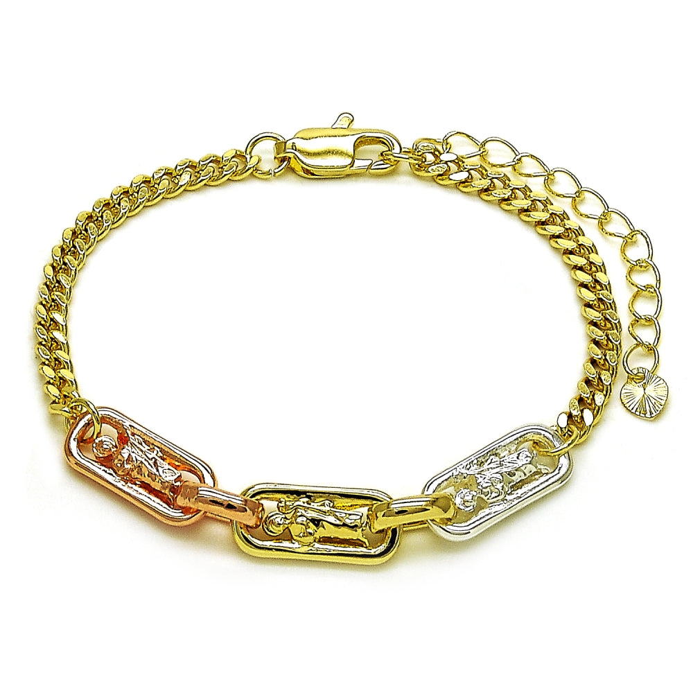 Oro Laminado Fancy Bracelet, Gold Filled Style San Judas and Miami Cuban Design, Polished, Tricolor