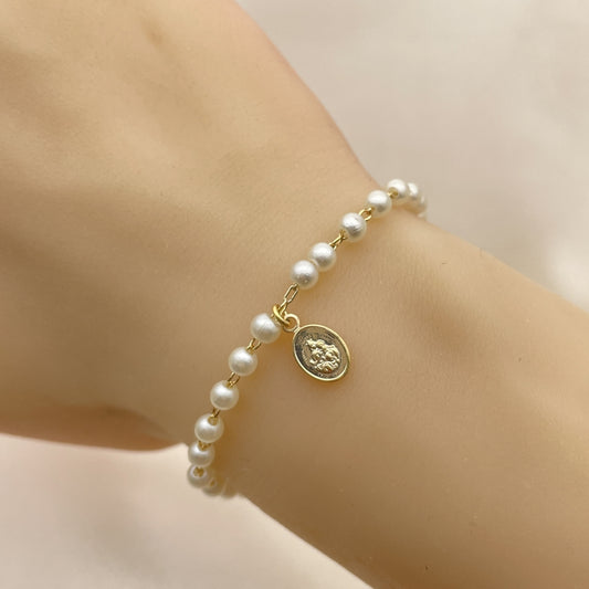 Adjustable Gold Bracelet 079298000078- Ivory Pearl w/ Hand of God Charm Handmade With the Highest Craftsmanship - Gold Filled Style Bracelets 03.02.0100.2.16