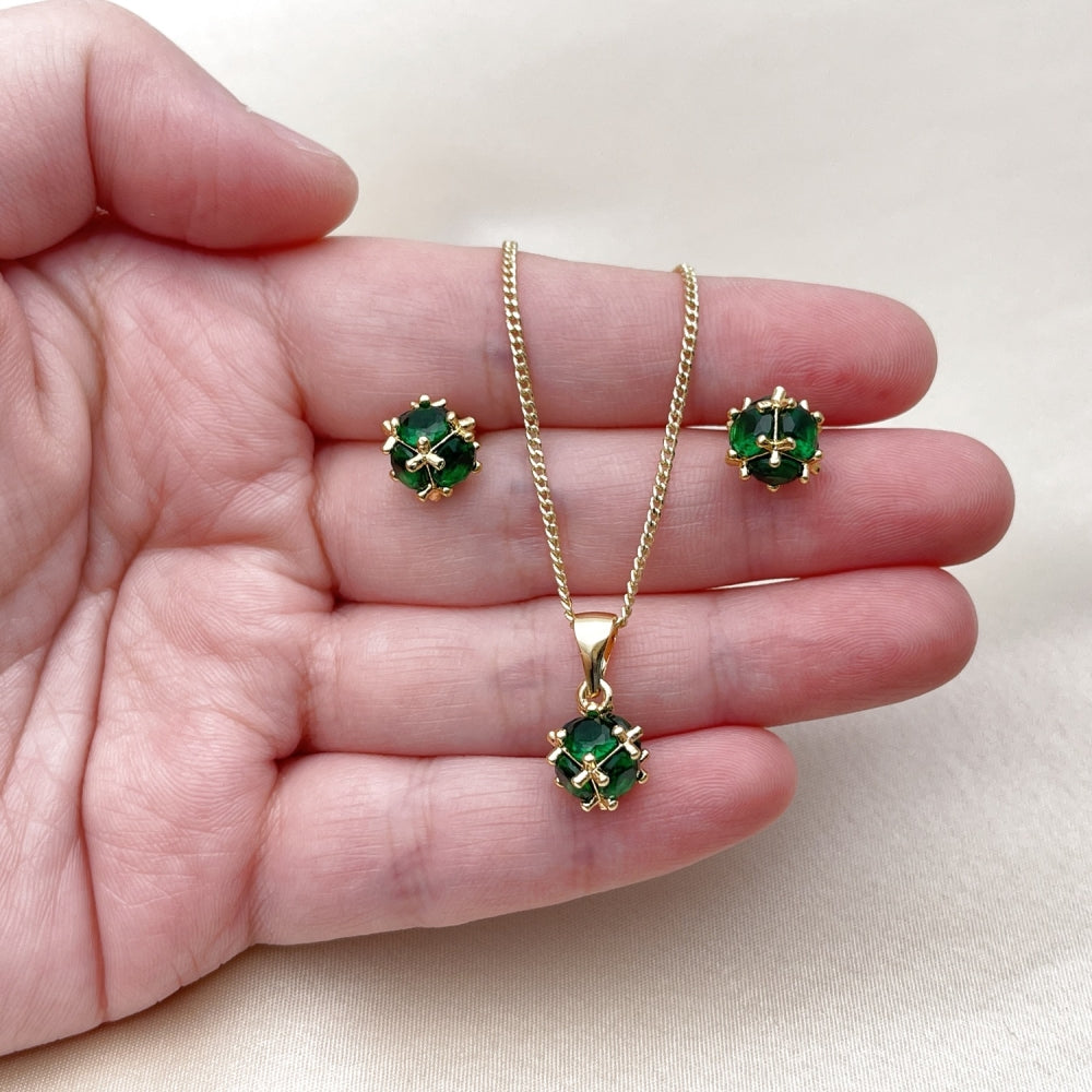 Oro Laminado Earring and Pendant Adult Set, Gold Filled Style Ball Design, with Green Cubic Zirconia, Polished, Golden Finish