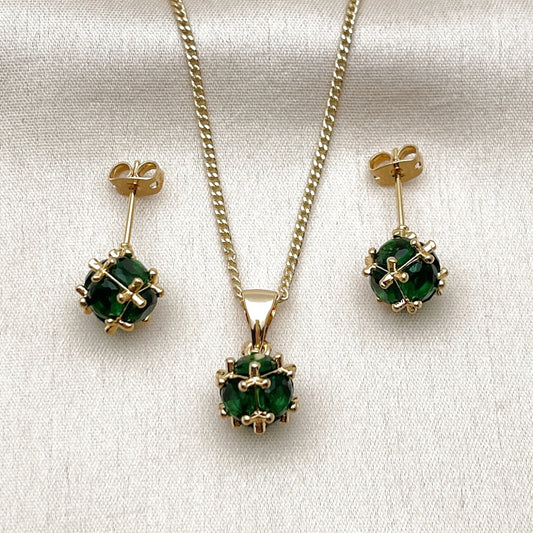 Oro Laminado Earring and Pendant Adult Set, Gold Filled Style Ball Design, with Green Cubic Zirconia, Polished, Golden Finish
