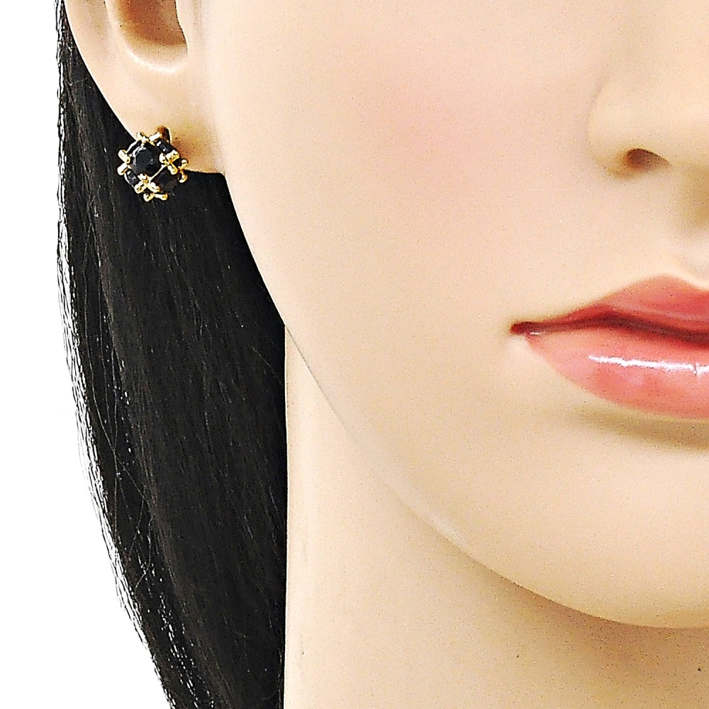 Oro Laminado Stud Earring, Gold Filled Style Ball Design, with Black Cubic Zirconia, Polished, Golden Finish