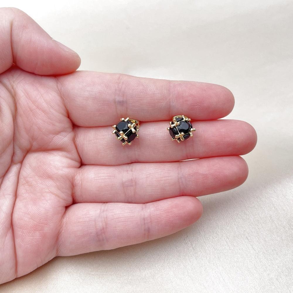 Oro Laminado Stud Earring, Gold Filled Style Ball Design, with Black Cubic Zirconia, Polished, Golden Finish