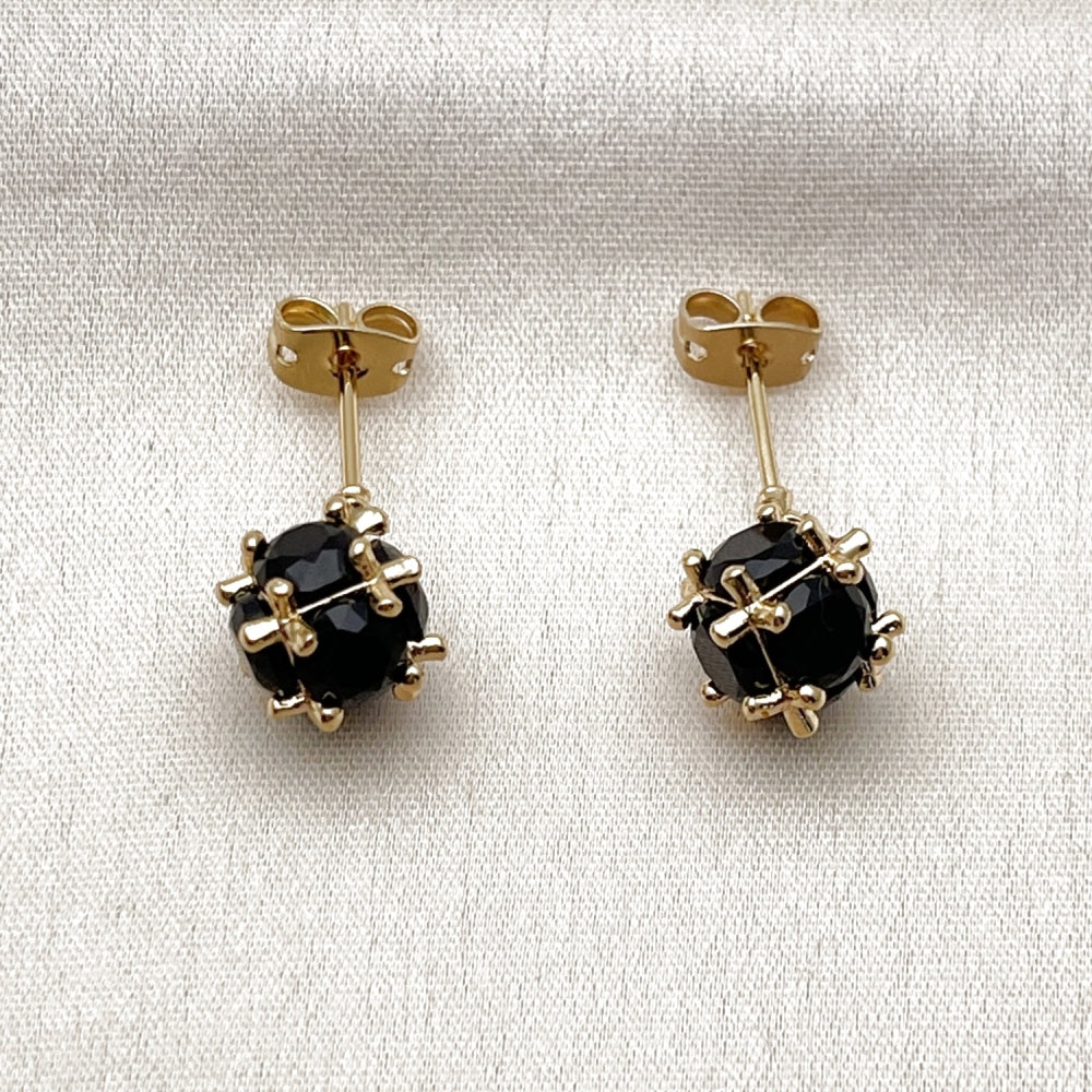 Oro Laminado Stud Earring, Gold Filled Style Ball Design, with Black Cubic Zirconia, Polished, Golden Finish