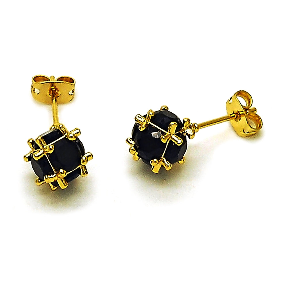 Oro Laminado Stud Earring, Gold Filled Style Ball Design, with Black Cubic Zirconia, Polished, Golden Finish