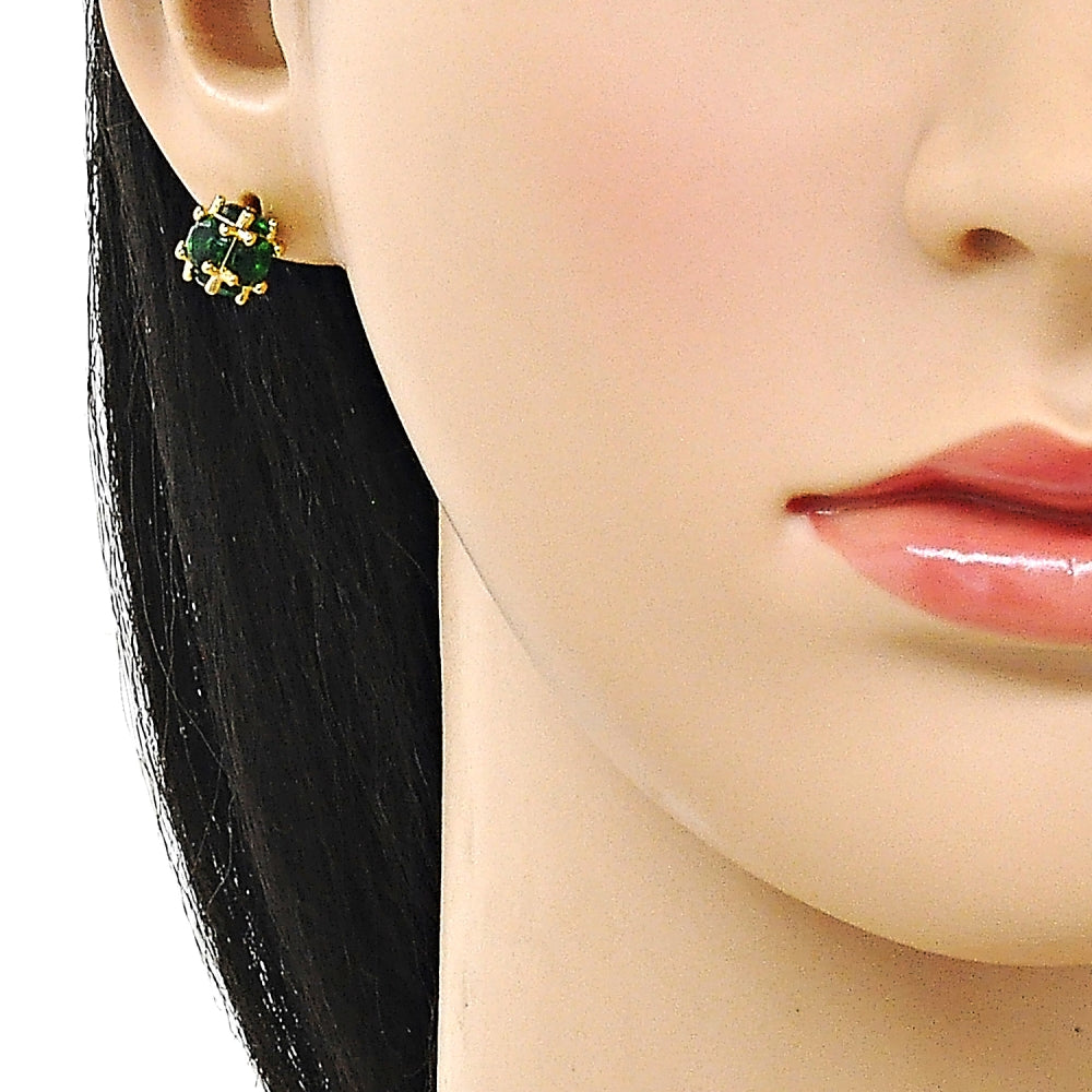 Oro Laminado Stud Earring, Gold Filled Style Ball Design, with Green Cubic Zirconia, Polished, Golden Finish