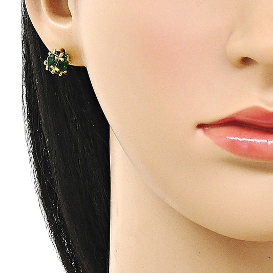 Oro Laminado Stud Earring, Gold Filled Style Ball Design, with Green Cubic Zirconia, Polished, Golden Finish