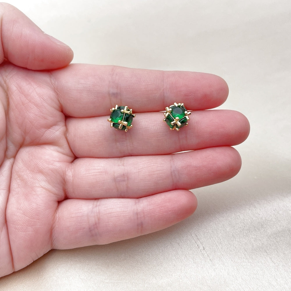 Oro Laminado Stud Earring, Gold Filled Style Ball Design, with Green Cubic Zirconia, Polished, Golden Finish