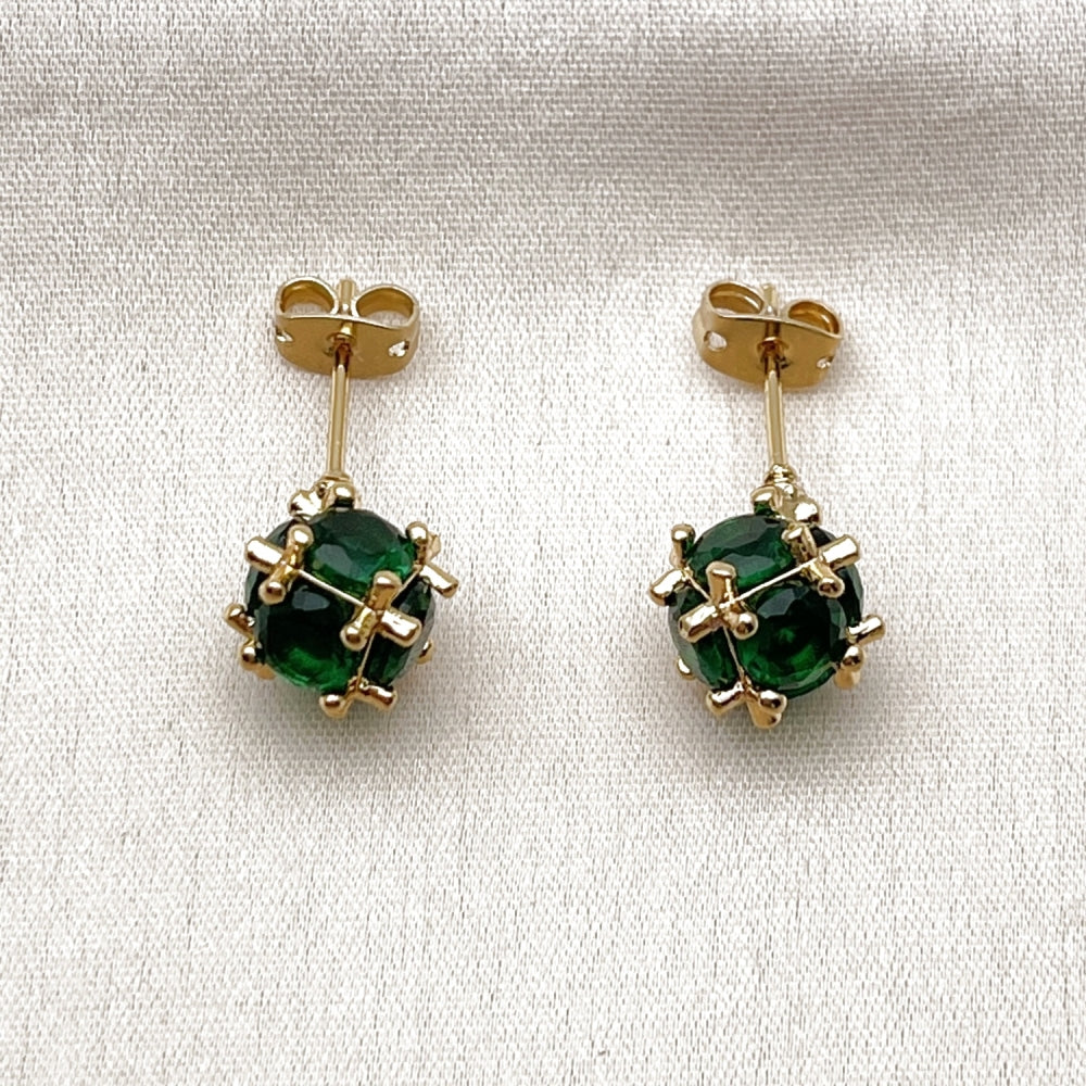 Oro Laminado Stud Earring, Gold Filled Style Ball Design, with Green Cubic Zirconia, Polished, Golden Finish