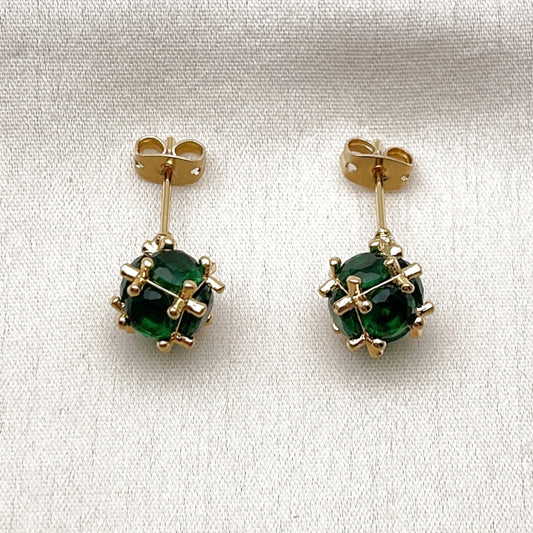 Oro Laminado Stud Earring, Gold Filled Style Ball Design, with Green Cubic Zirconia, Polished, Golden Finish
