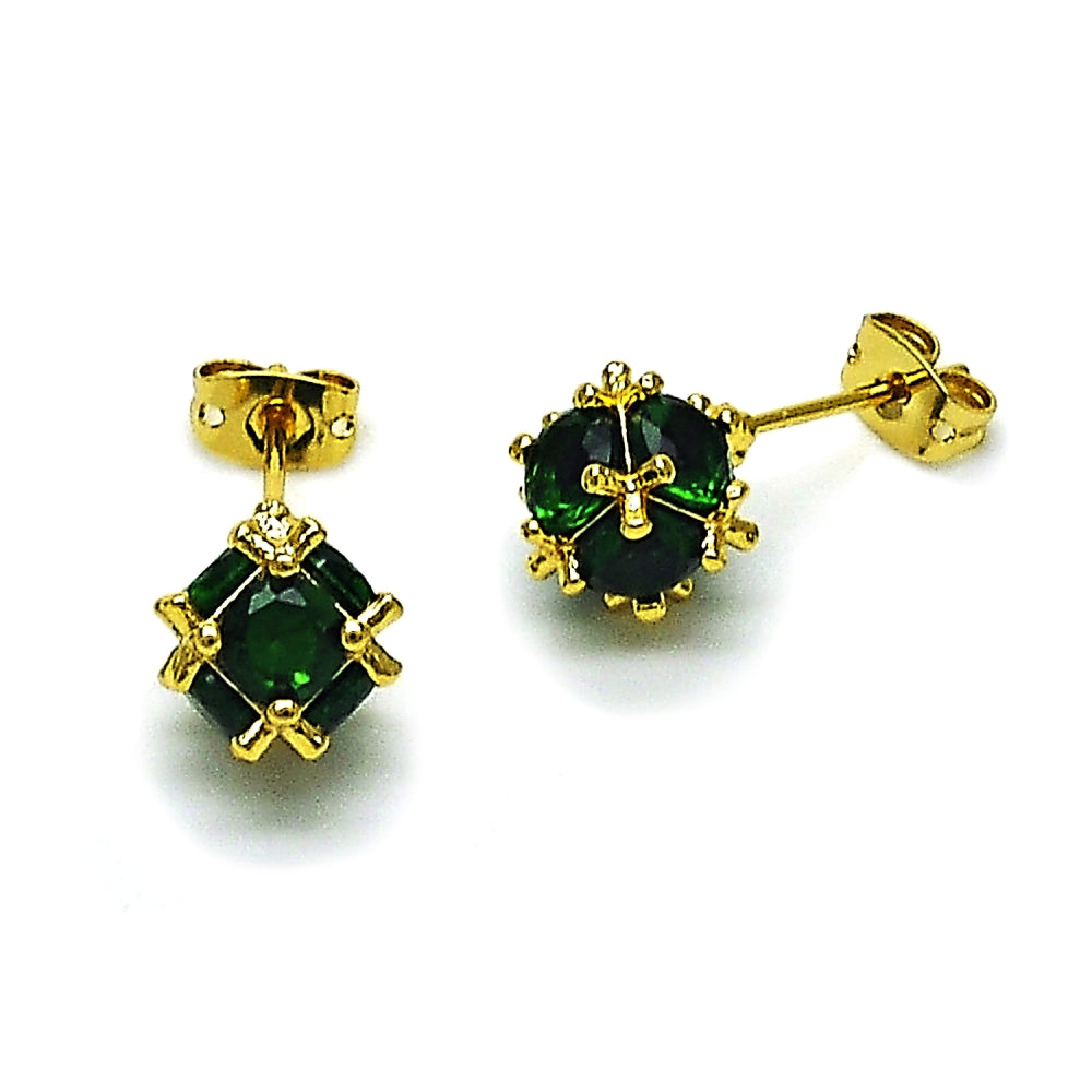Oro Laminado Stud Earring, Gold Filled Style Ball Design, with Green Cubic Zirconia, Polished, Golden Finish