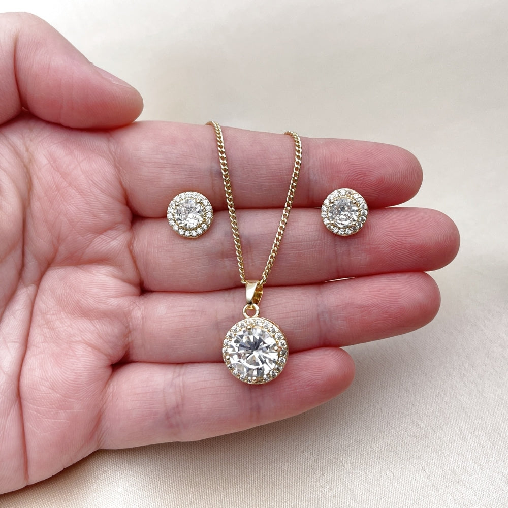 Oro Laminado Earring and Pendant Adult Set, Gold Filled Style Cluster Design, with White Cubic Zirconia and White Micro Pave, Polished, Golden Finish