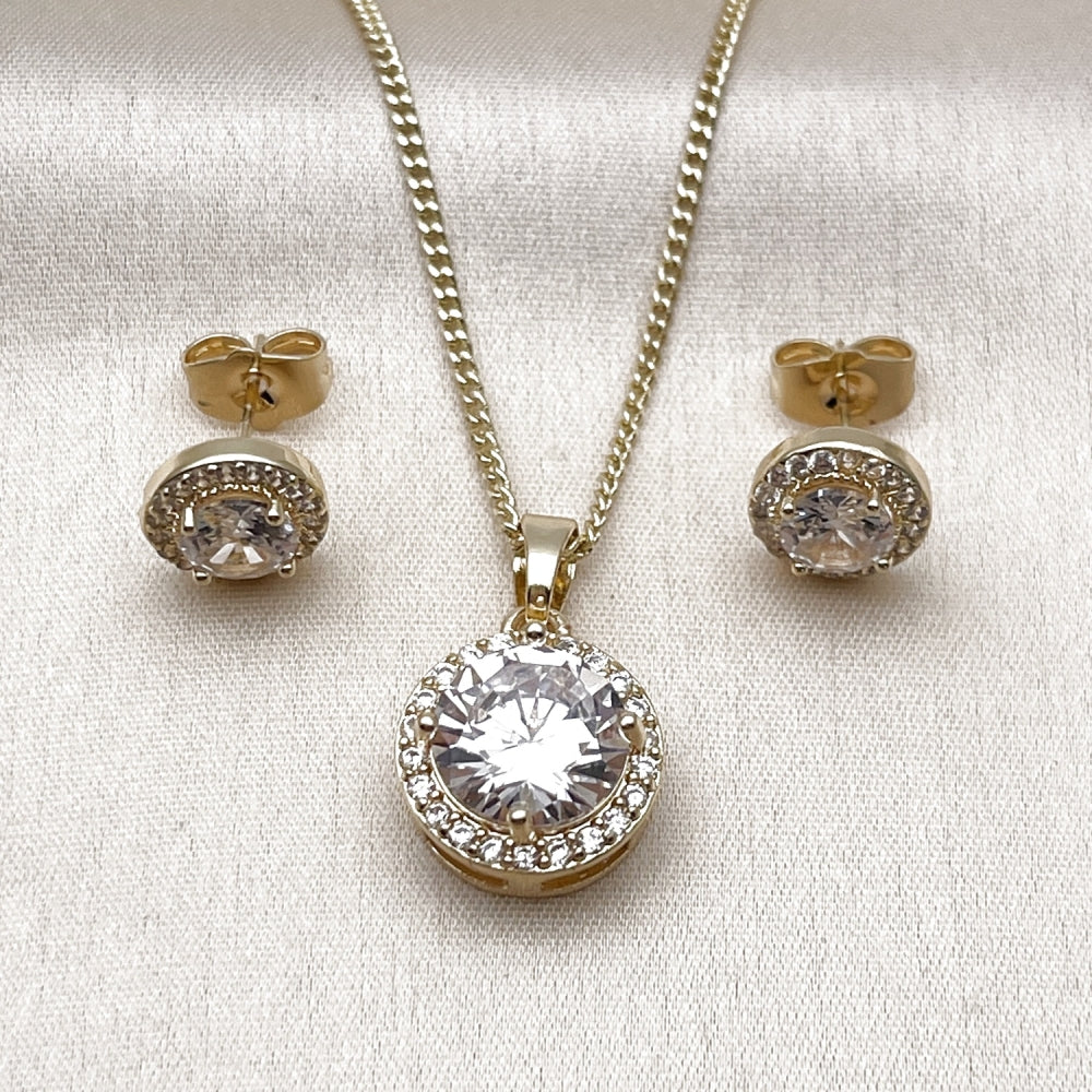 Oro Laminado Earring and Pendant Adult Set, Gold Filled Style Cluster Design, with White Cubic Zirconia and White Micro Pave, Polished, Golden Finish