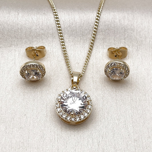 Oro Laminado Earring and Pendant Adult Set, Gold Filled Style Cluster Design, with White Cubic Zirconia and White Micro Pave, Polished, Golden Finish
