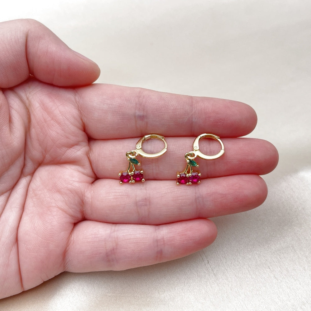Oro Laminado Dangle Earring, Gold Filled Style Cherry Design, with Ruby and Green Cubic Zirconia, Polished, Golden Finish