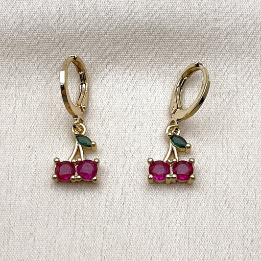 Oro Laminado Dangle Earring, Gold Filled Style Cherry Design, with Ruby and Green Cubic Zirconia, Polished, Golden Finish