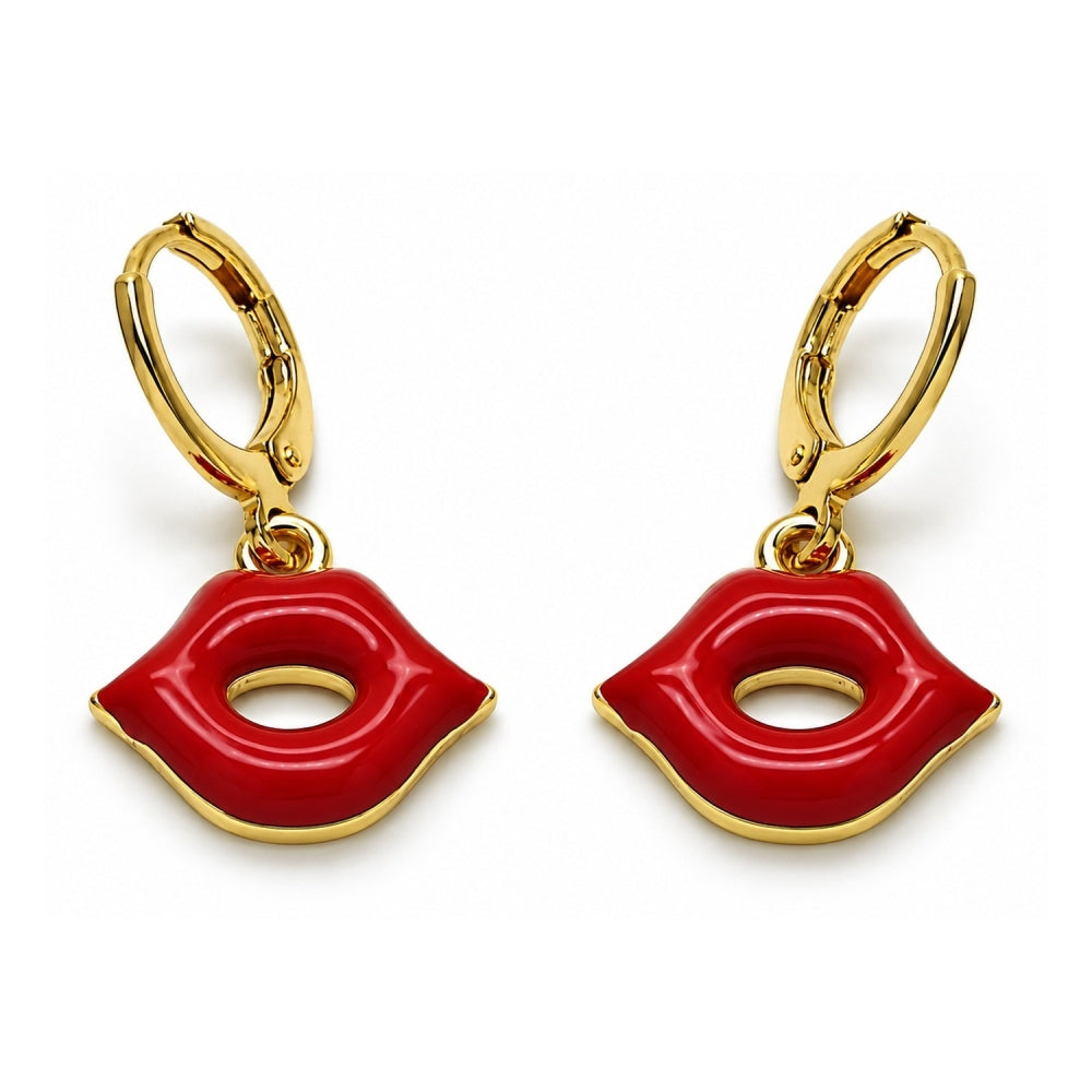 Oro Laminado Dangle Earring, Gold Filled Style Lips Design, Red Enamel Finish, Golden Finish