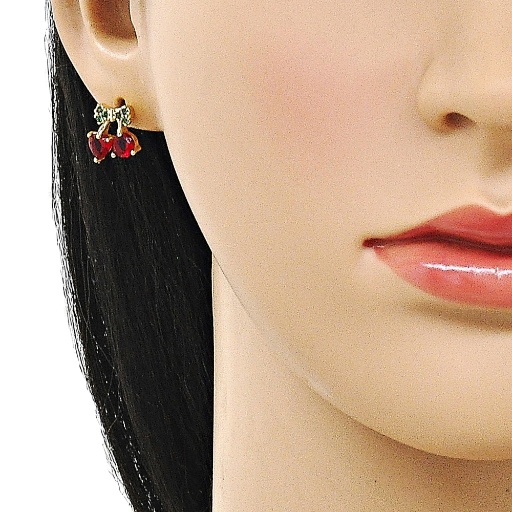 Oro Laminado Stud Earring, Gold Filled Style Cherry and Bow Design, with Garnet and Green Cubic Zirconia, Polished, Golden Finish