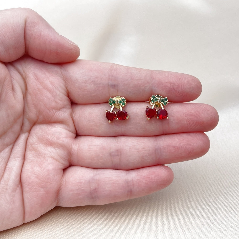Oro Laminado Stud Earring, Gold Filled Style Cherry and Bow Design, with Garnet and Green Cubic Zirconia, Polished, Golden Finish