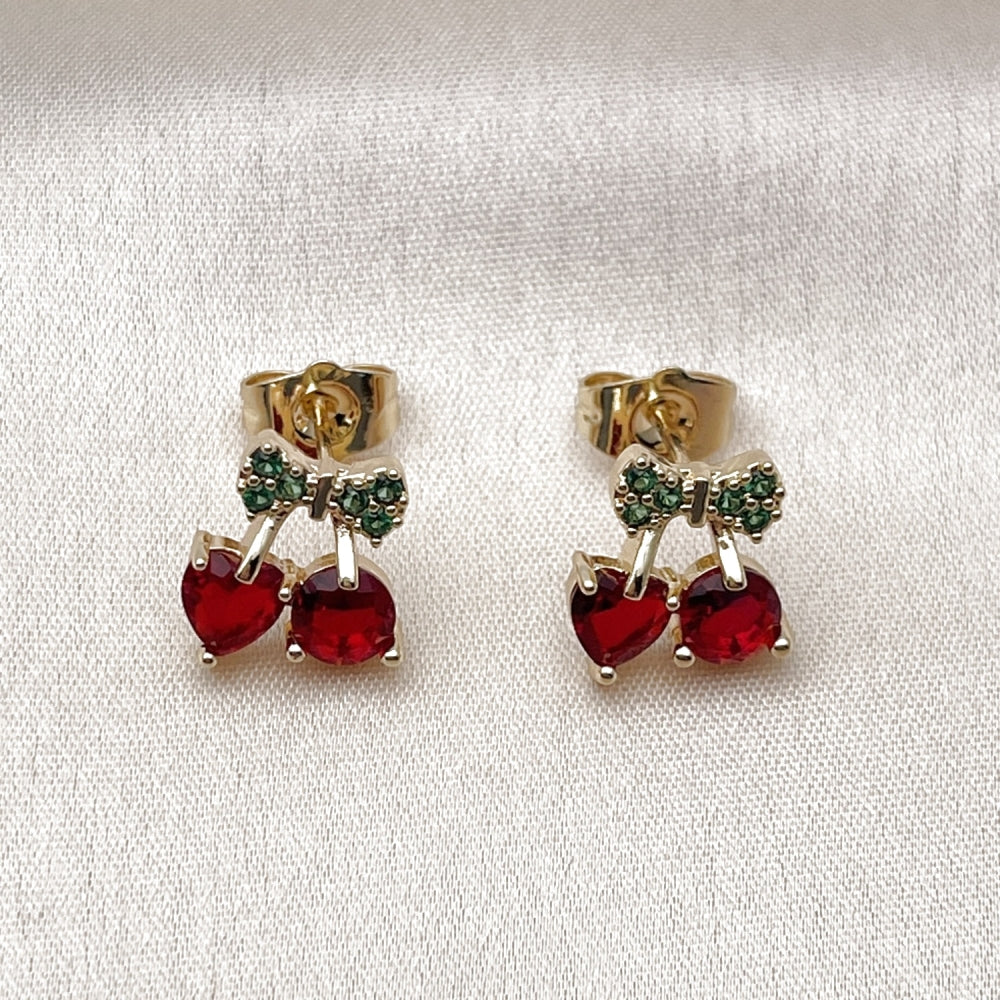 Oro Laminado Stud Earring, Gold Filled Style Cherry and Bow Design, with Garnet and Green Cubic Zirconia, Polished, Golden Finish
