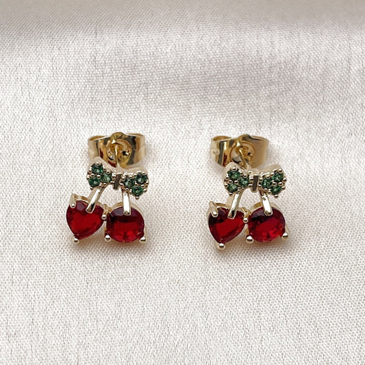 Oro Laminado Stud Earring, Gold Filled Style Cherry and Bow Design, with Garnet and Green Cubic Zirconia, Polished, Golden Finish