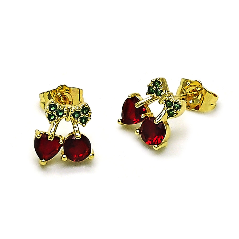 Oro Laminado Stud Earring, Gold Filled Style Cherry and Bow Design, with Garnet and Green Cubic Zirconia, Polished, Golden Finish