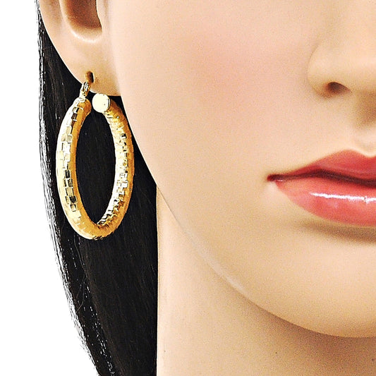 Oro Laminado Medium Hoop, Gold Filled Style Hollow Design, Diamond Cutting Finish, Golden Finish