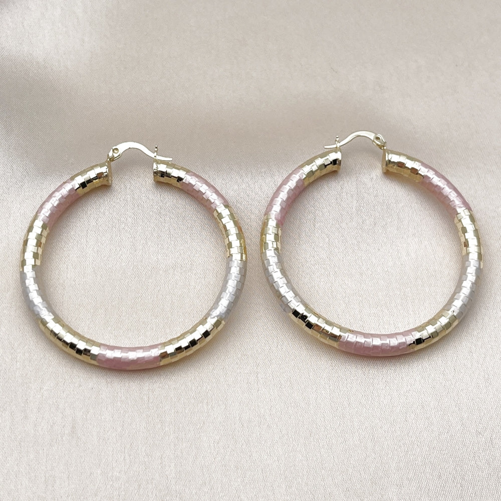 Oro Laminado Large Hoop, Gold Filled Style Hollow Design, Diamond Cutting Finish, Tricolor