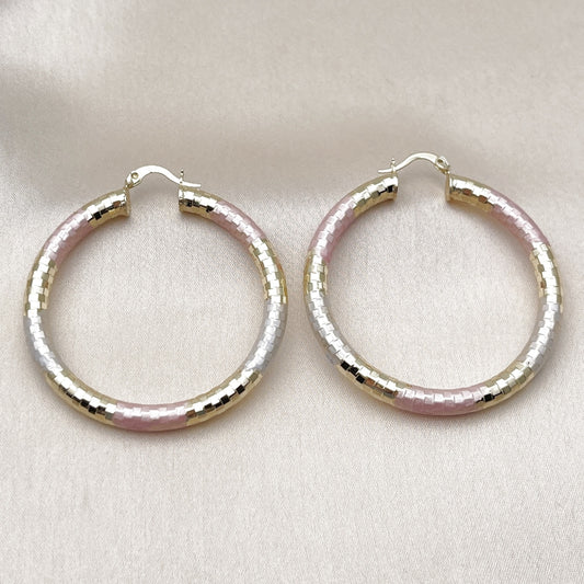 Oro Laminado Large Hoop, Gold Filled Style Hollow Design, Diamond Cutting Finish, Tricolor