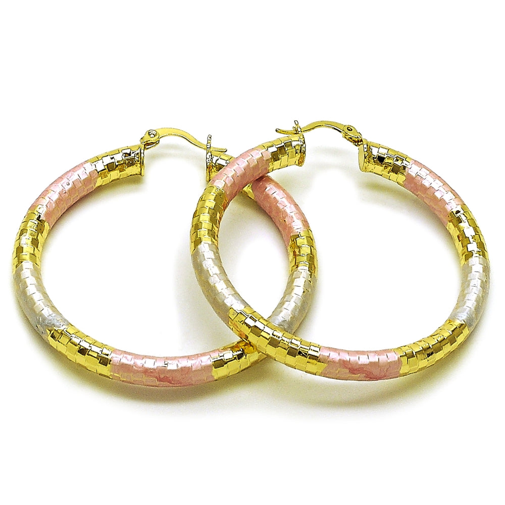 Oro Laminado Large Hoop, Gold Filled Style Hollow Design, Diamond Cutting Finish, Tricolor