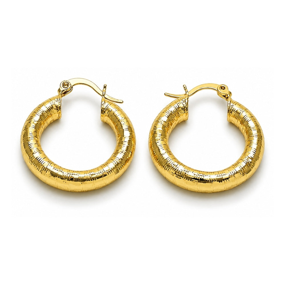 Oro Laminado Small Hoop, Gold Filled Style Hollow Design, Diamond Cutting Finish, Golden Finish