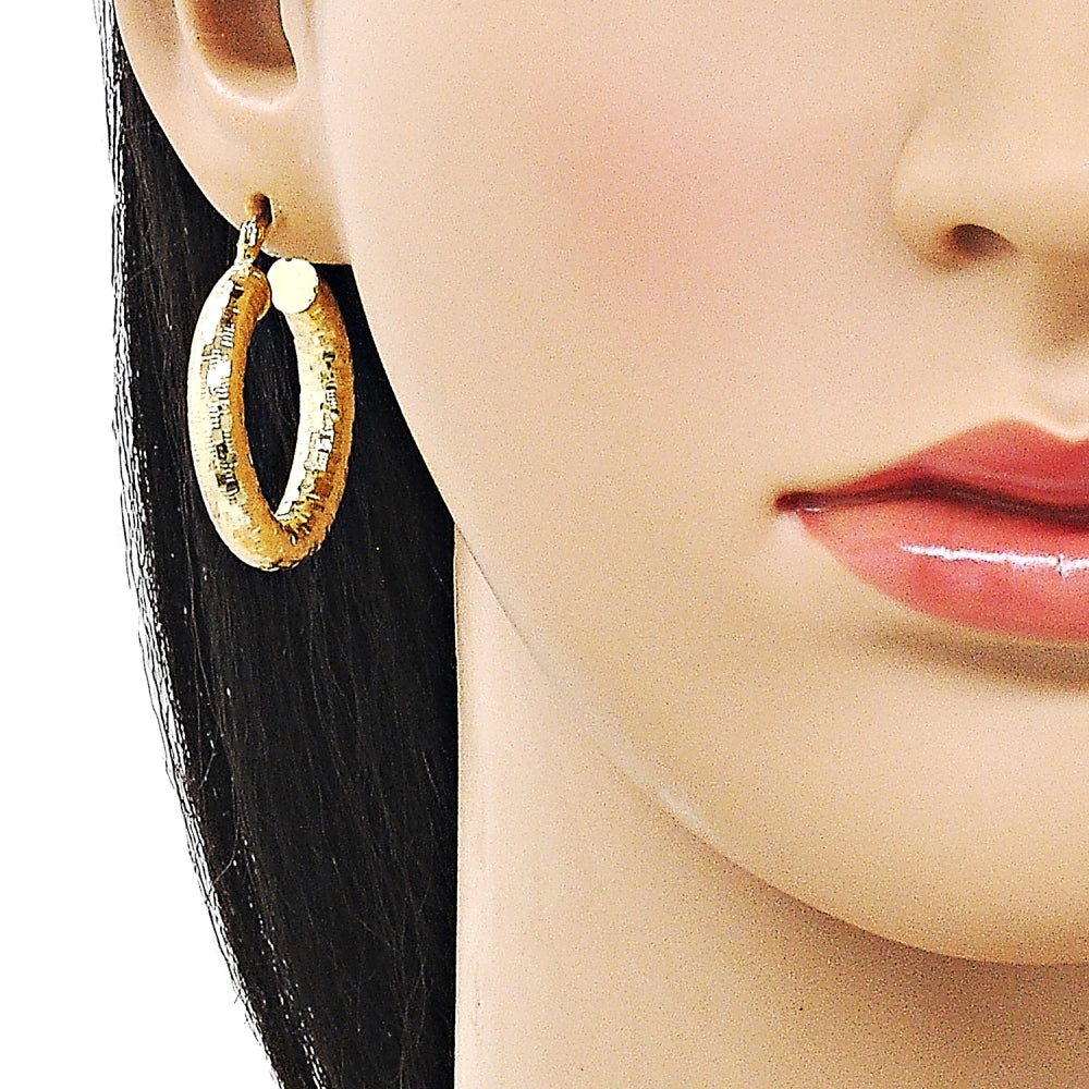 Oro Laminado Medium Hoop, Gold Filled Style Hollow Design, Diamond Cutting Finish, Golden Finish