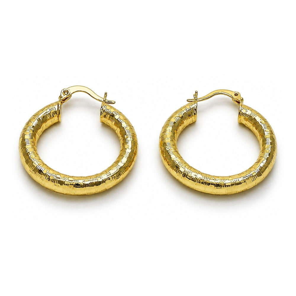 Oro Laminado Medium Hoop, Gold Filled Style Hollow Design, Diamond Cutting Finish, Golden Finish