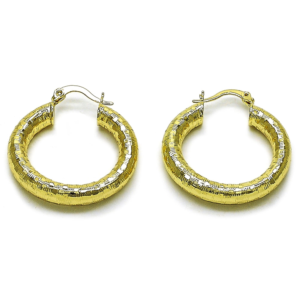 Oro Laminado Medium Hoop, Gold Filled Style Hollow Design, Diamond Cutting Finish, Golden Finish