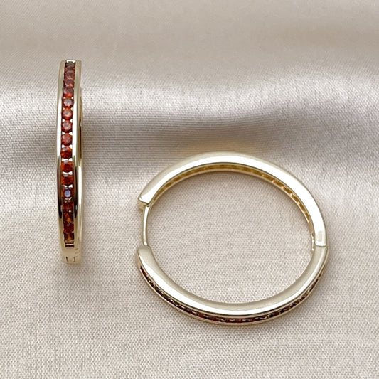 Oro Laminado Huggie Hoop, Gold Filled Style with Garnet Cubic Zirconia, Polished, Golden Finish