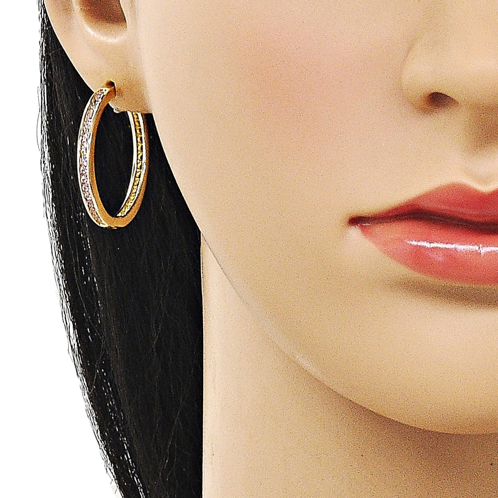 Oro Laminado Huggie Hoop, Gold Filled Style with Pink Cubic Zirconia, Polished, Golden Finish