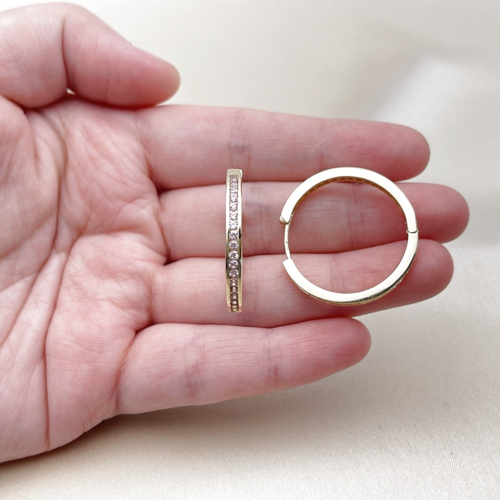 Oro Laminado Huggie Hoop, Gold Filled Style with Pink Cubic Zirconia, Polished, Golden Finish