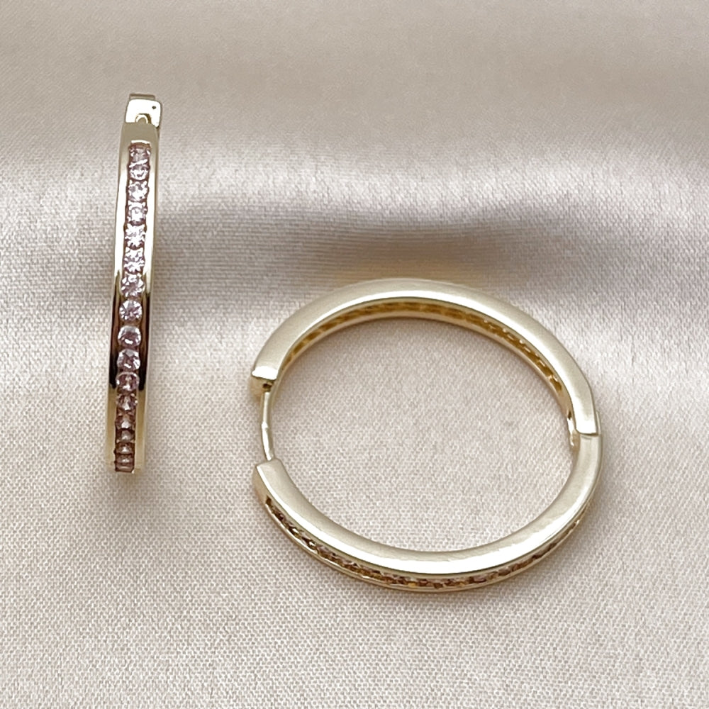 Oro Laminado Huggie Hoop, Gold Filled Style with Pink Cubic Zirconia, Polished, Golden Finish