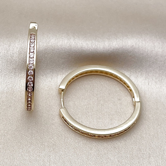 Oro Laminado Huggie Hoop, Gold Filled Style with Pink Cubic Zirconia, Polished, Golden Finish