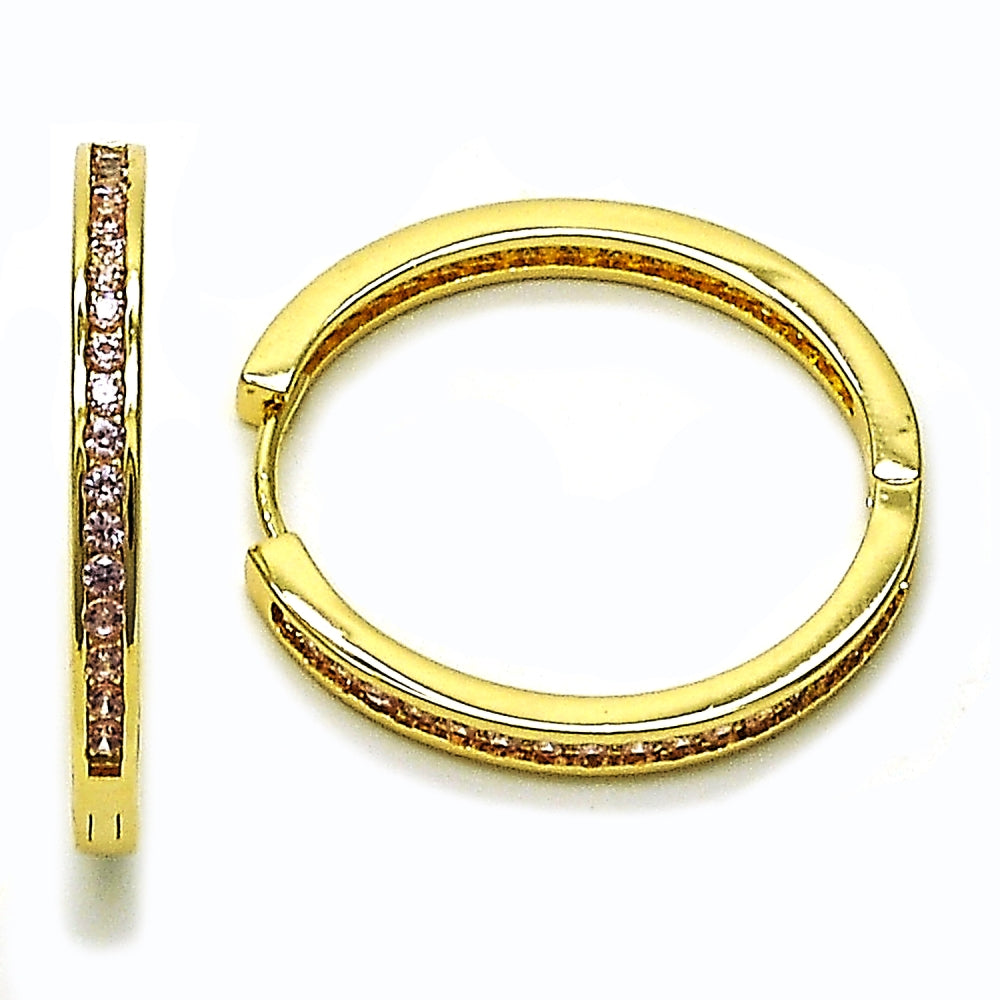Oro Laminado Huggie Hoop, Gold Filled Style with Pink Cubic Zirconia, Polished, Golden Finish