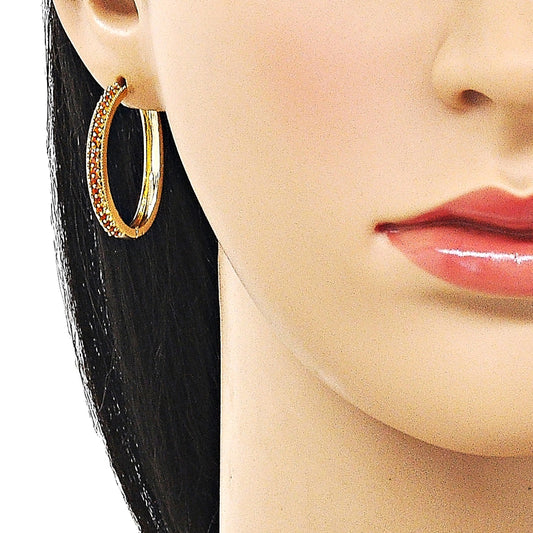Oro Laminado Huggie Hoop, Gold Filled Style with Garnet Cubic Zirconia, Polished, Golden Finish
