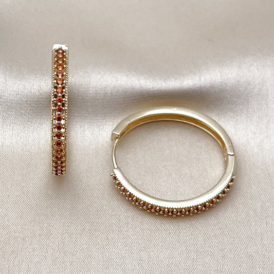 Oro Laminado Huggie Hoop, Gold Filled Style with Garnet Cubic Zirconia, Polished, Golden Finish
