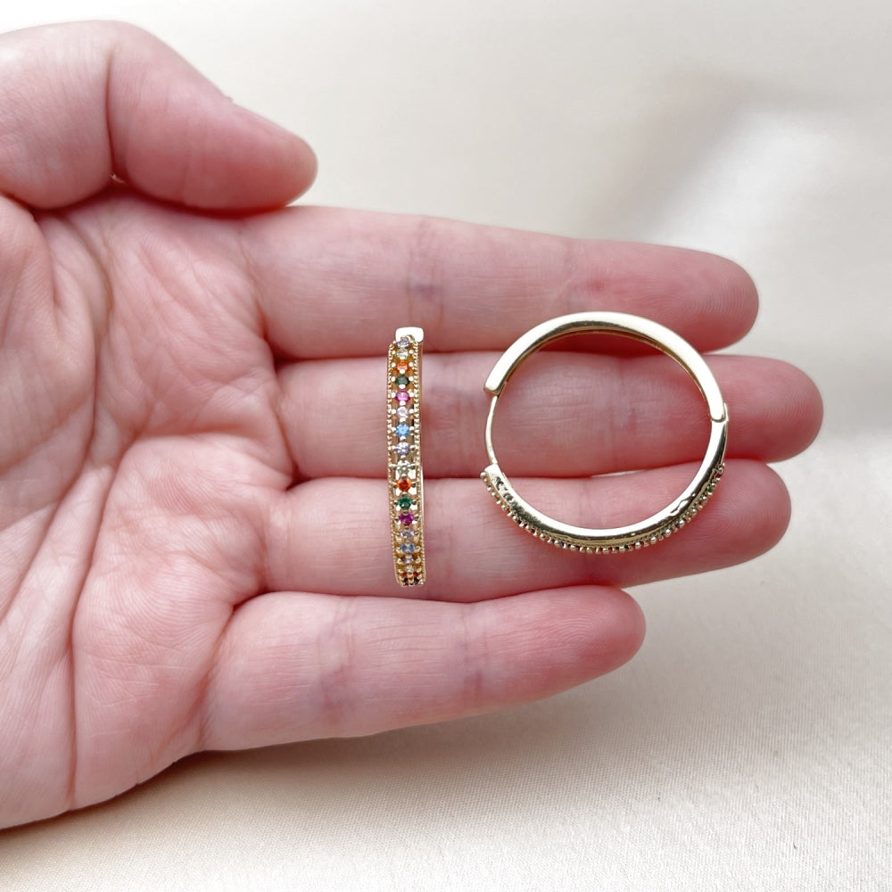 Oro Laminado Huggie Hoop, Gold Filled Style with Multicolor Cubic Zirconia, Polished, Golden Finish