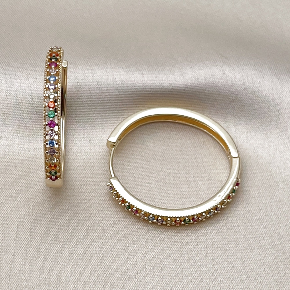 Oro Laminado Huggie Hoop, Gold Filled Style with Multicolor Cubic Zirconia, Polished, Golden Finish