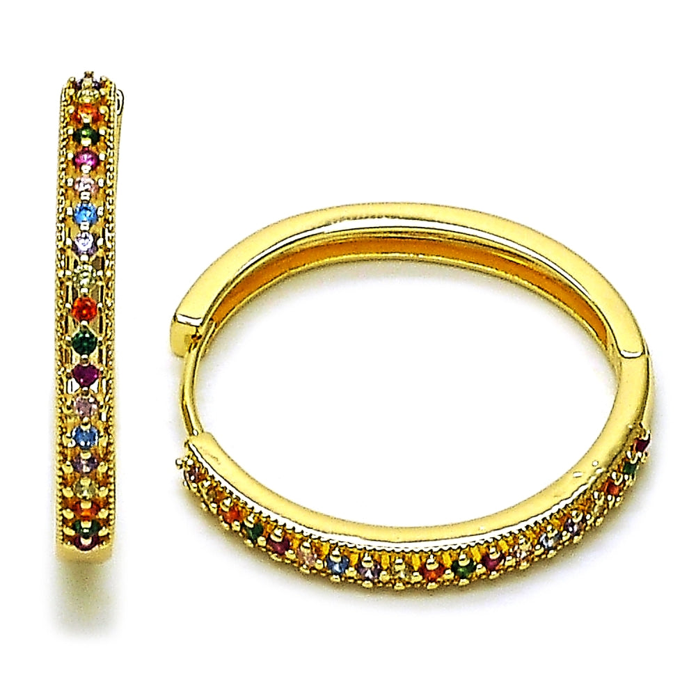 Oro Laminado Huggie Hoop, Gold Filled Style with Multicolor Cubic Zirconia, Polished, Golden Finish