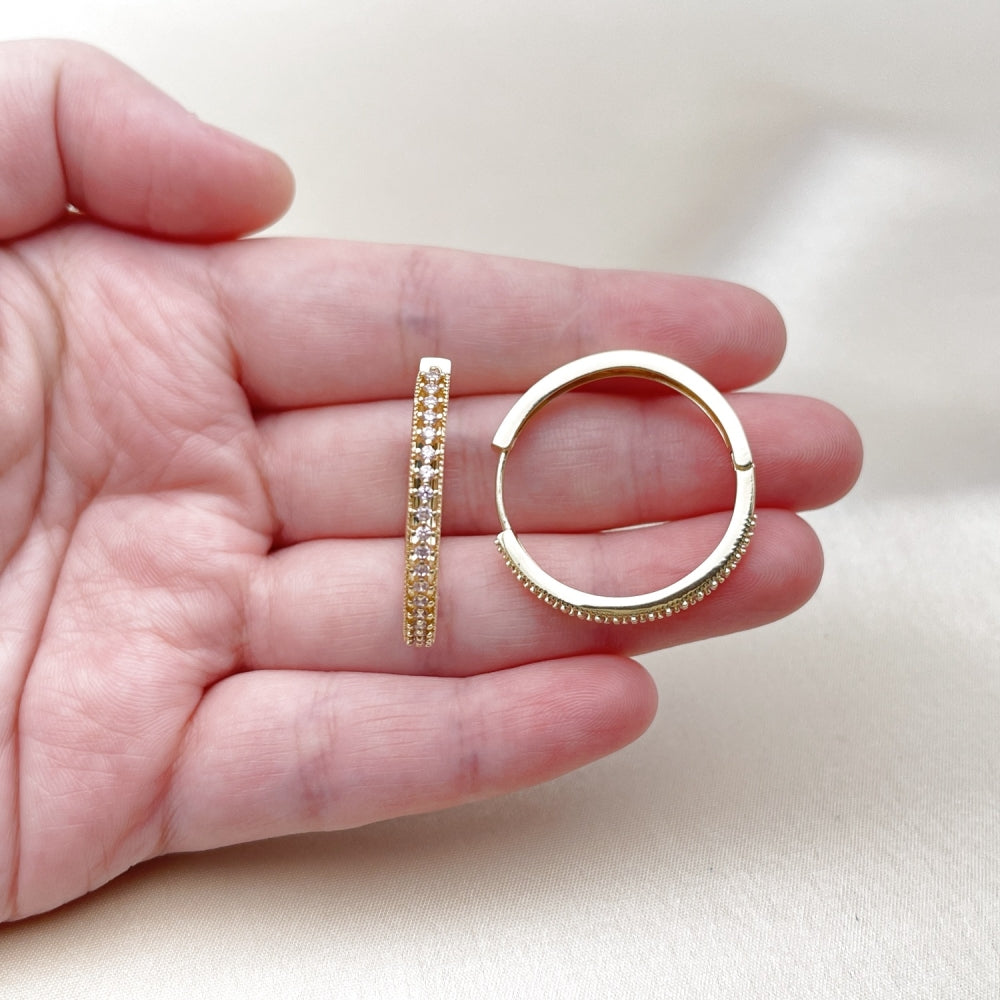 Oro Laminado Huggie Hoop, Gold Filled Style with Pink Cubic Zirconia, Polished, Golden Finish